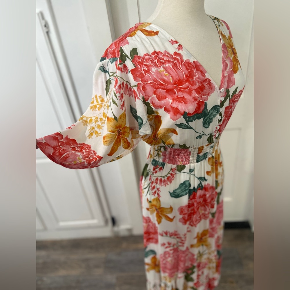 Floral V-Neck Maxi Dress in White with Red & Yellow Blooms